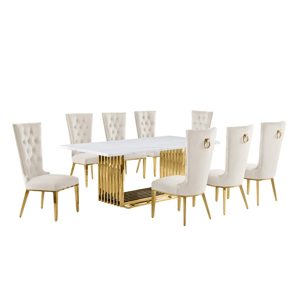 9pc Large(79") marble top dining set with gold base and 8 cream side chairs. Picture 1