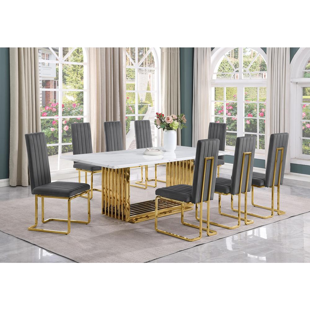 9pc Large(79") marble top dining set with gold base and 8 Dark grey side chairs. Picture 5