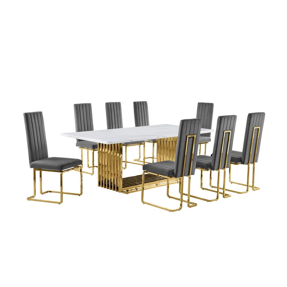 9pc Large(79") marble top dining set with gold base and 8 Dark grey side chairs. Picture 1