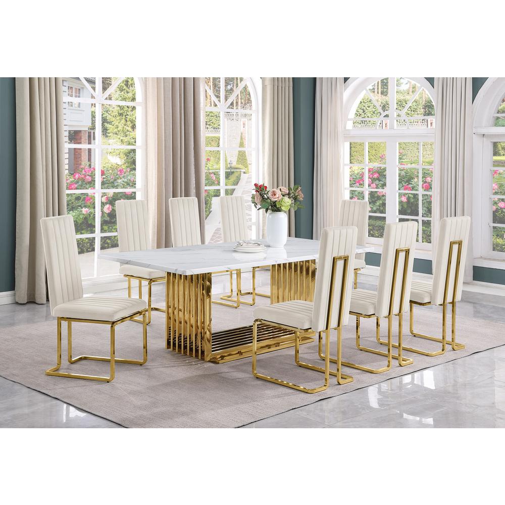 9pc Large(79") marble top dining set with gold base and 8 cream side chairs. Picture 5