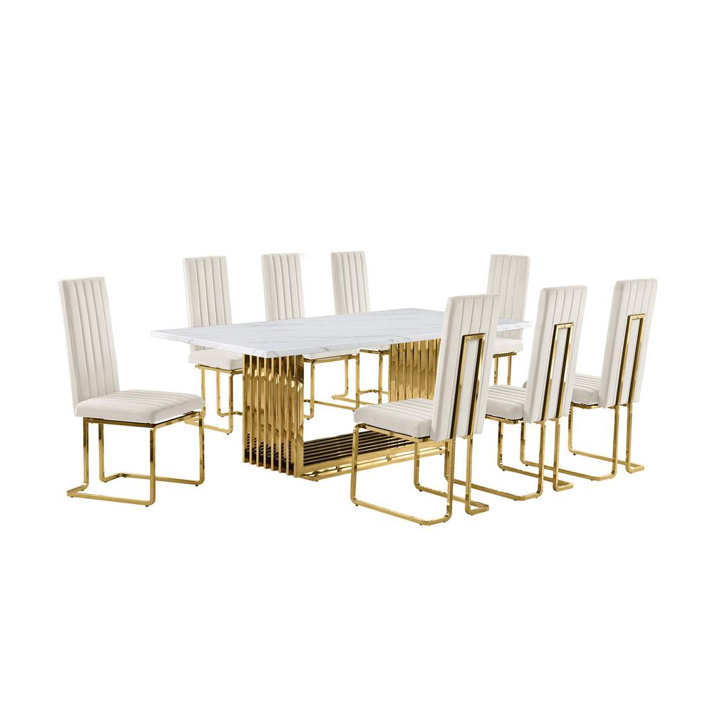 9pc Large(79") marble top dining set with gold base and 8 cream side chairs. Picture 1