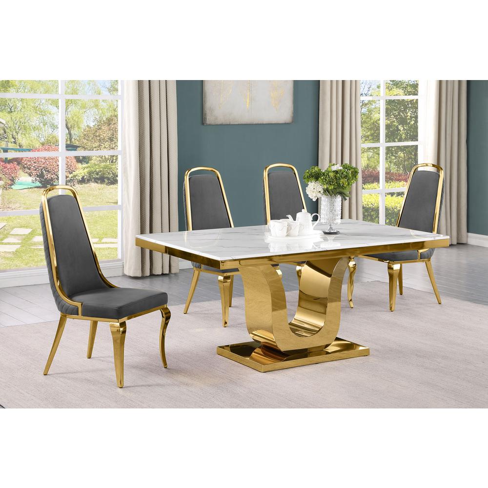 5pc Small(66") marble top dining set with gold base and 4 Dark grey side chairs. Picture 5