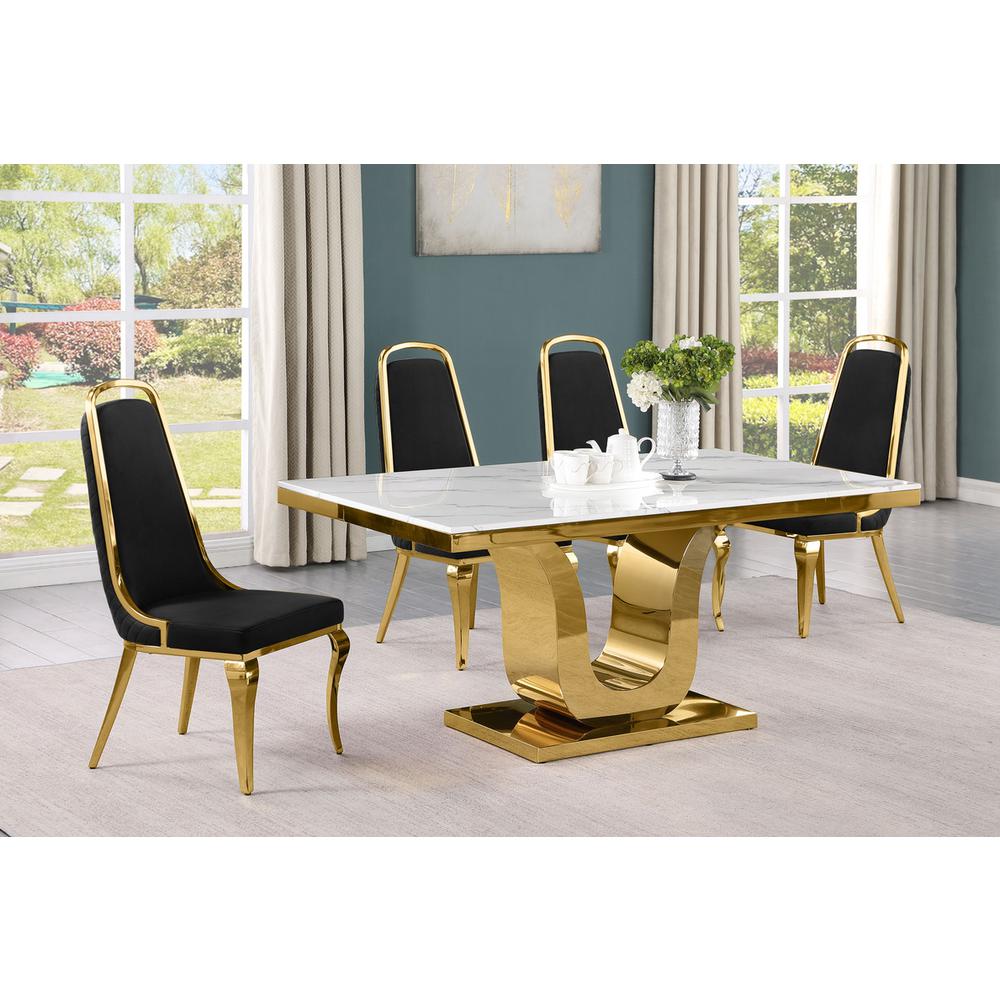 5pc Small(66") marble top dining set with gold base and 4 Black side chairs. Picture 5