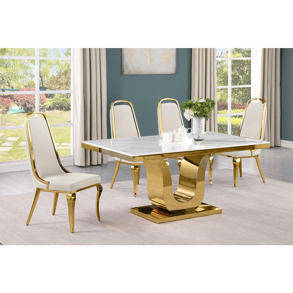 5pc Small(66") marble top dining set with gold base and 4 Cream side chairs. Picture 5