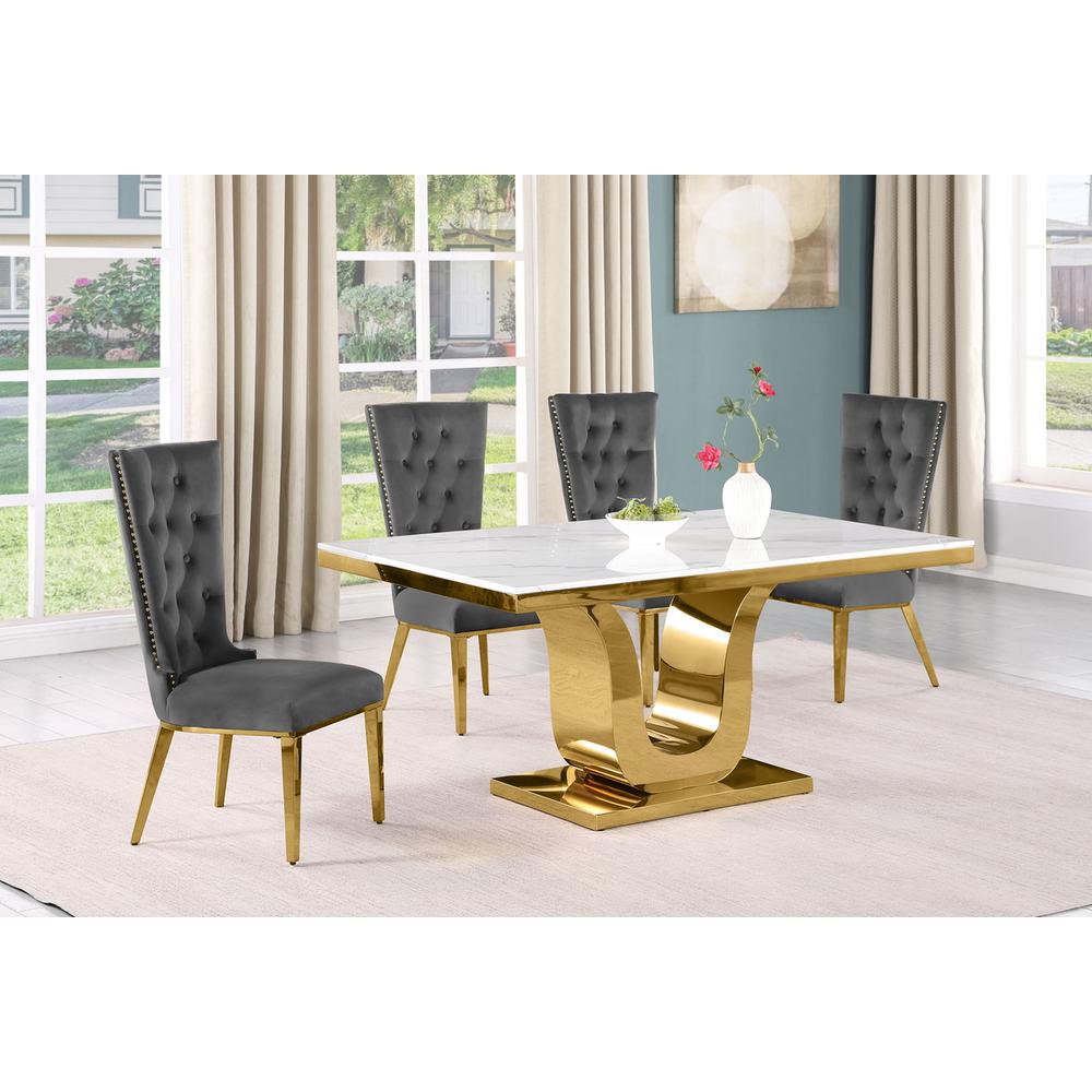 5pc Small(66") marble top dining set with gold base and 4 Dark grey side chairs. Picture 5