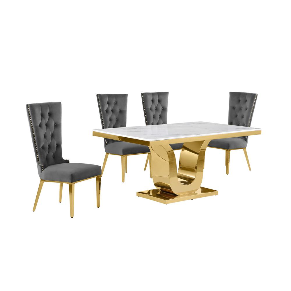 5pc Small(66") marble top dining set with gold base and 4 Dark grey side chairs. Picture 1