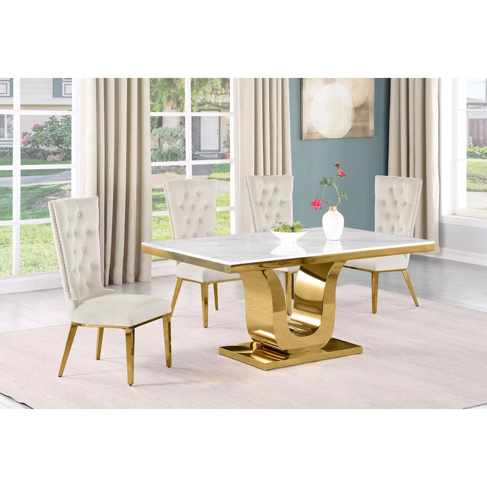 5pc Small(66") marble top dining set with gold base and 4 Cream side chairs. Picture 5