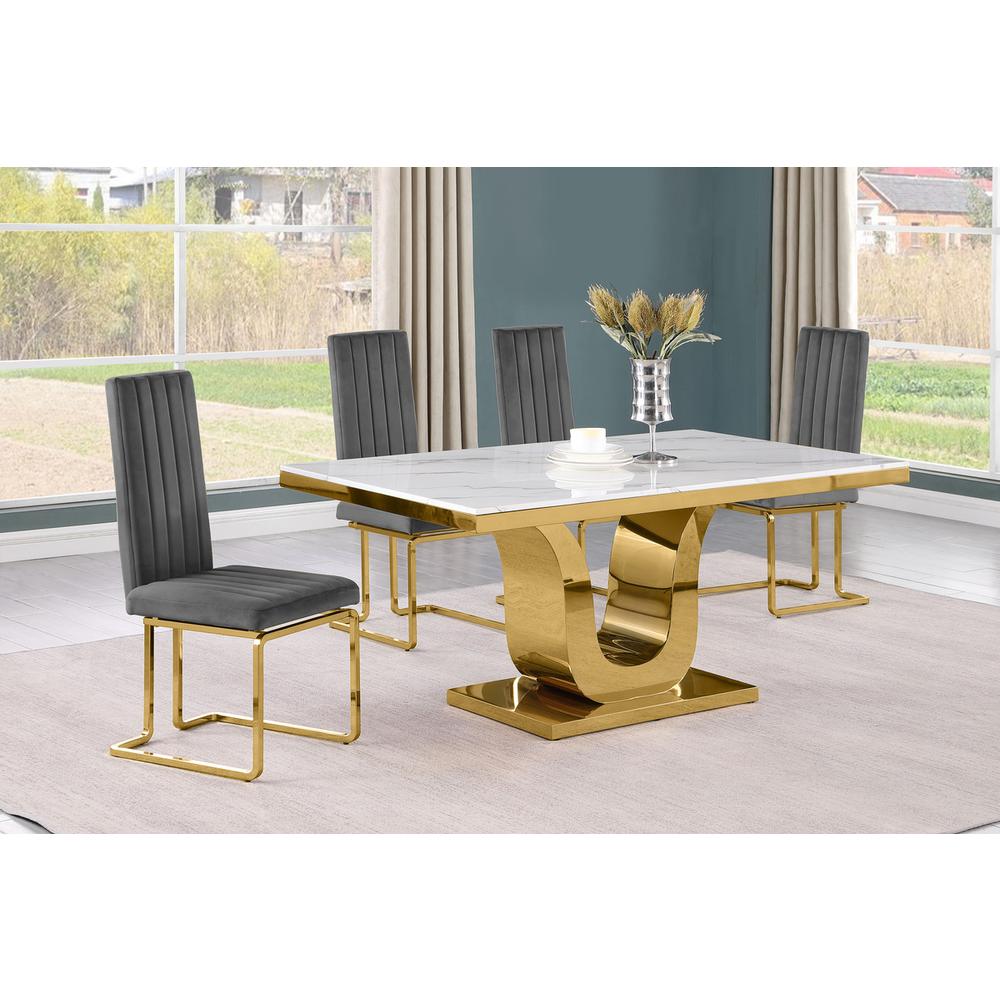 5pc Small(66") marble top dining set with gold base and 4 Dark grey side chairs. Picture 5