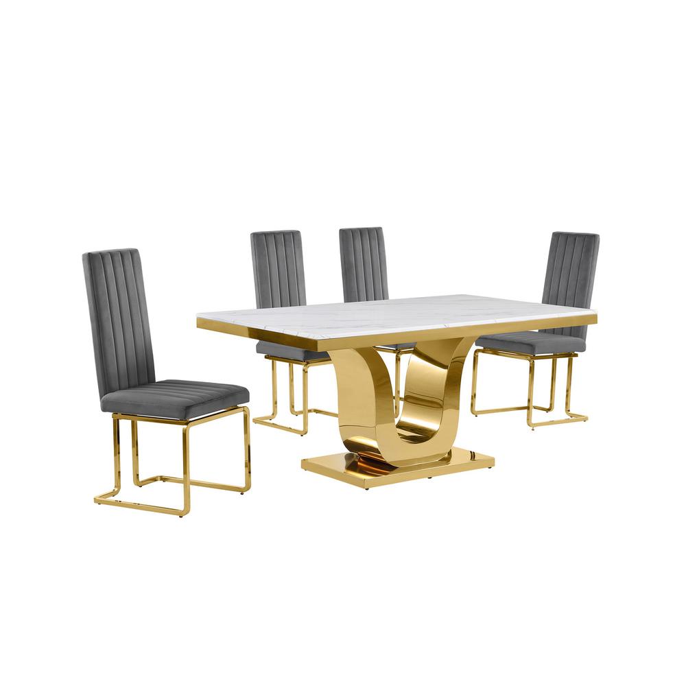5pc Small(66") marble top dining set with gold base and 4 Dark grey side chairs. Picture 1