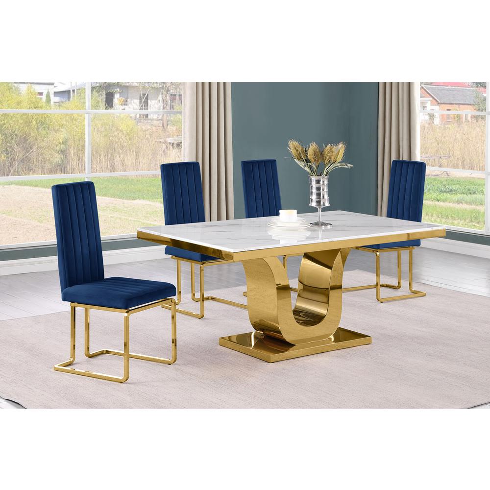 5pc Small(66") marble top dining set with gold base and 4 Navy blue chairs. Picture 5