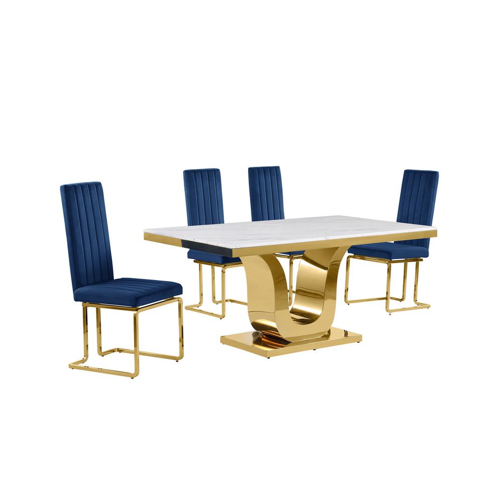 5pc Small(66") marble top dining set with gold base and 4 Navy blue chairs. Picture 1