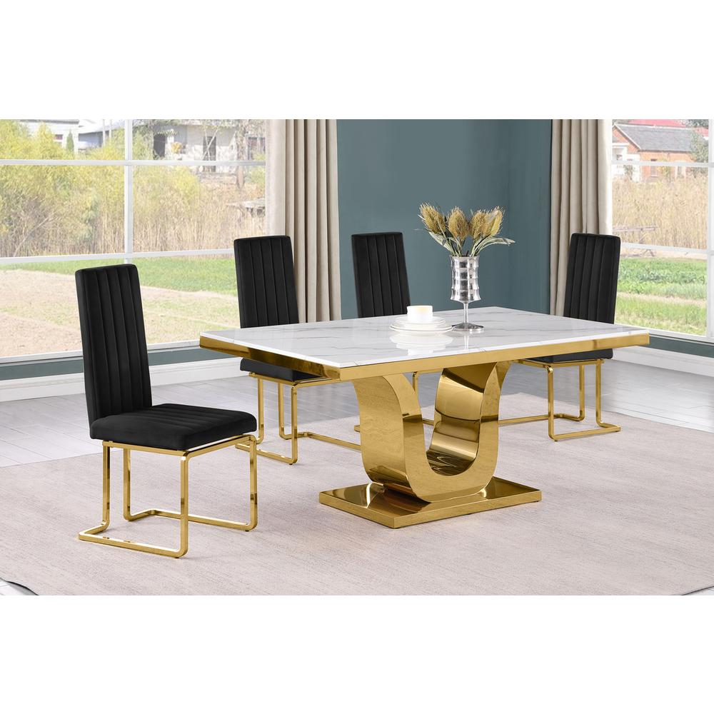 5pc Small(66") marble top dining set with gold base and 4 Black side chairs. Picture 5