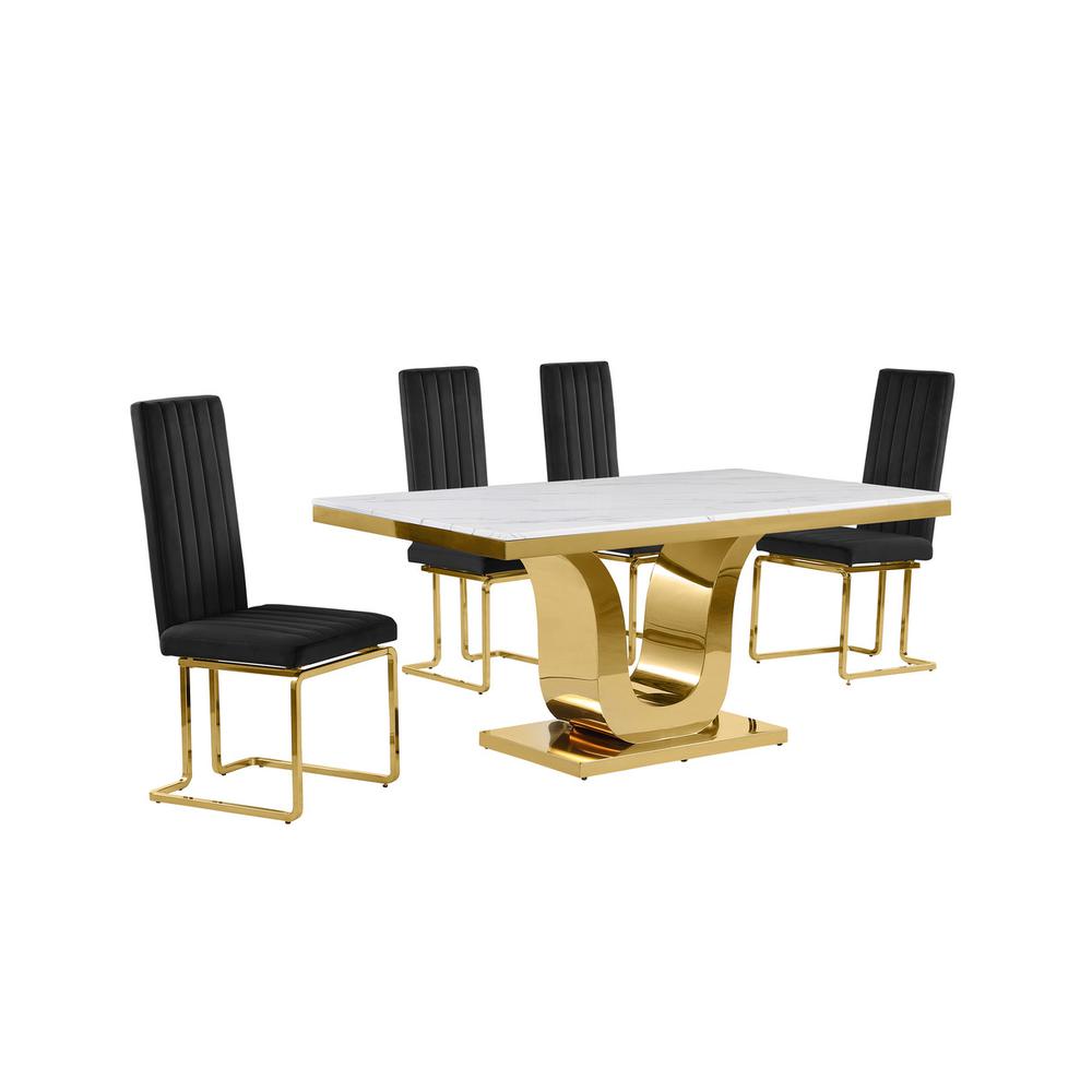 5pc Small(66") marble top dining set with gold base and 4 Black side chairs. Picture 1