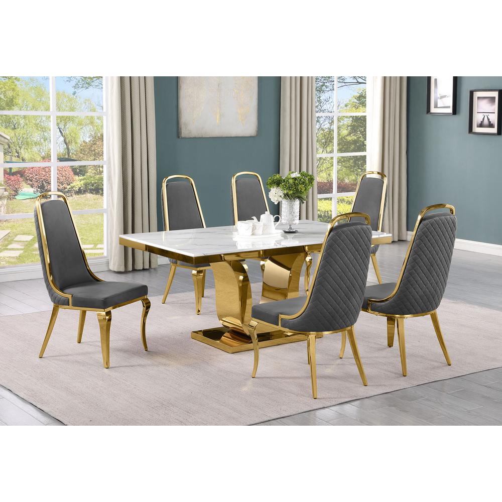 7pc Small(66") marble top dining set with gold base and 6 Dark grey side chairs. Picture 5