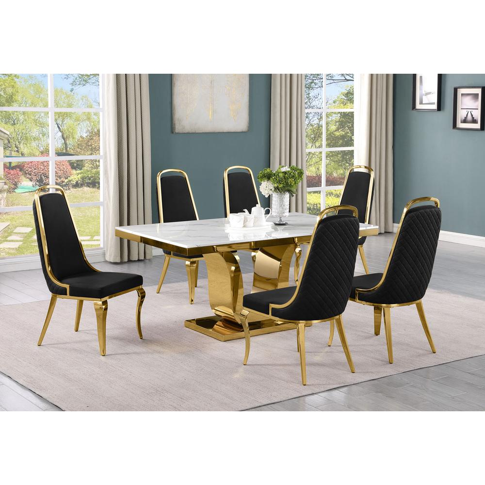 7pc Small(66") marble top dining set with gold base and 6 Black side chairs. Picture 5