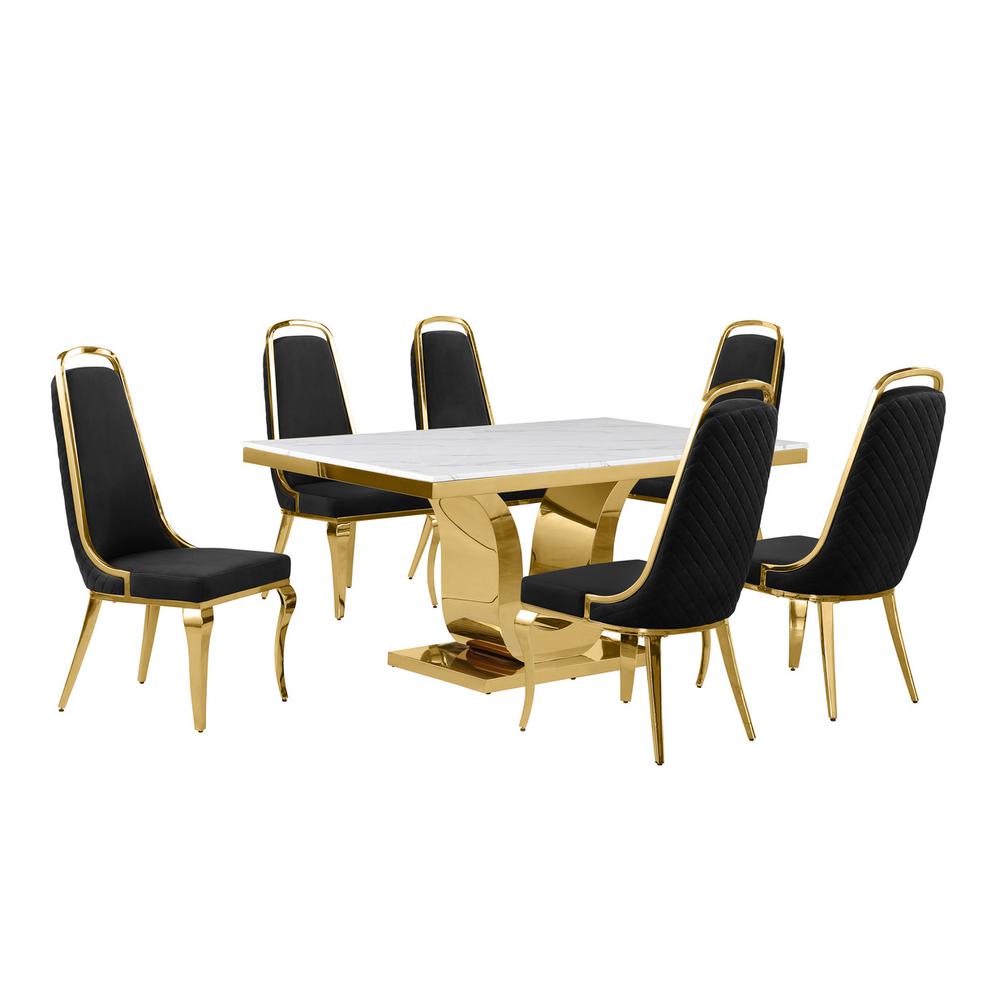 7pc Small(66") marble top dining set with gold base and 6 Black side chairs. Picture 1