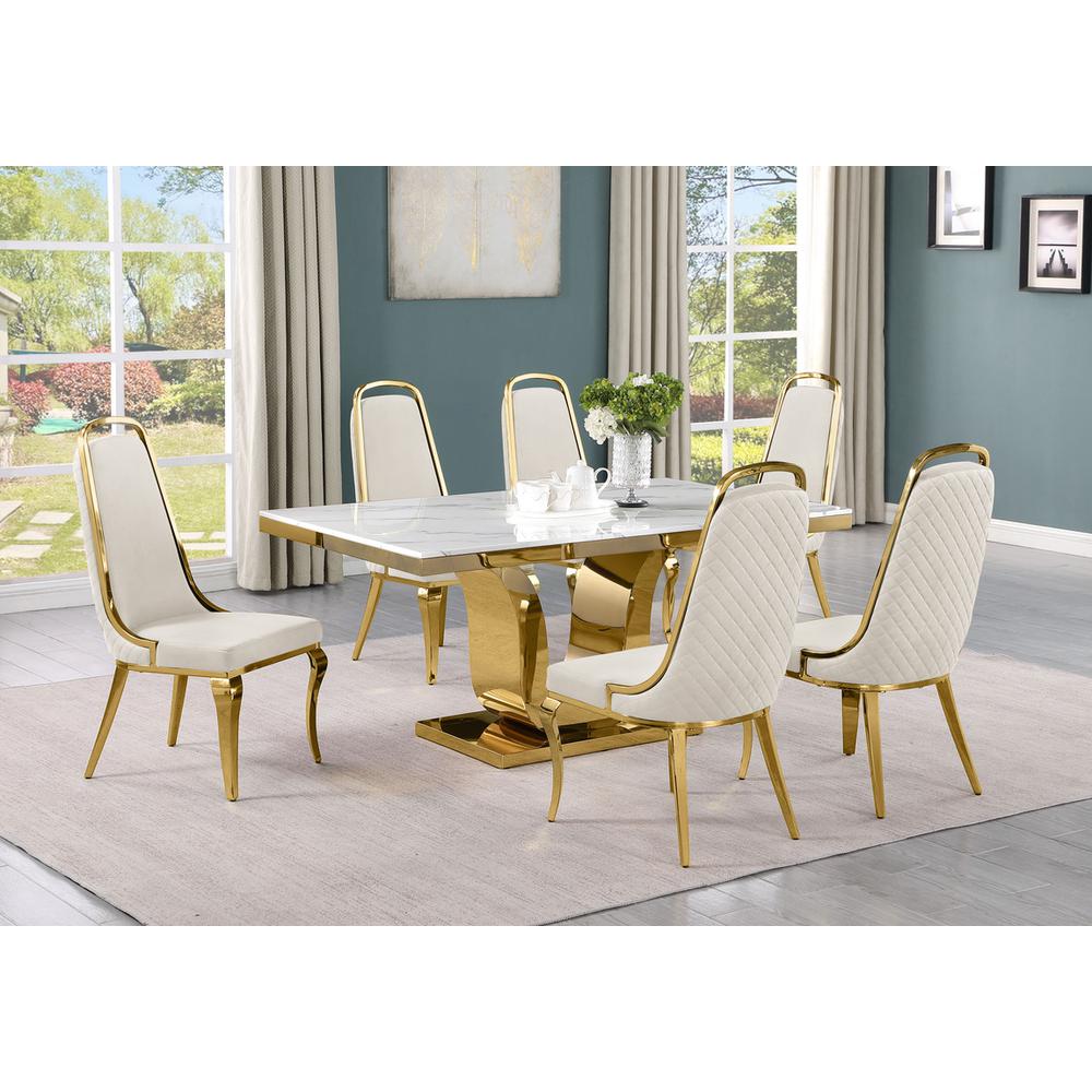 7pc Small(66") marble top dining set with gold base and 6 Cream side chairs. Picture 5