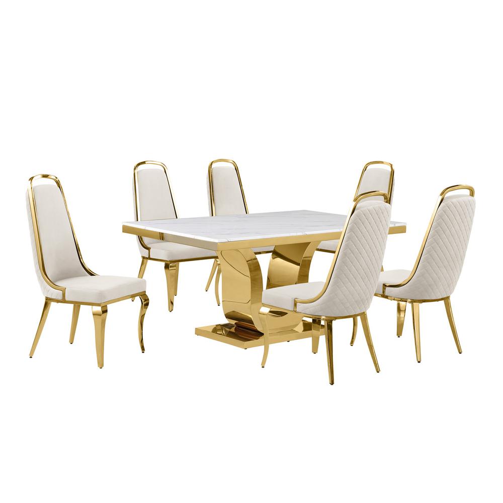 7pc Small(66") marble top dining set with gold base and 6 Cream side chairs. Picture 1