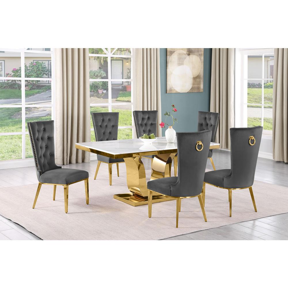 7pc Small(66") marble stop dining set with gold base and 6 Dark grey chairs. Picture 5