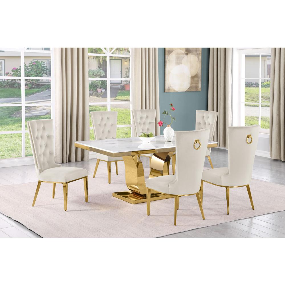 7pc Small(66") marble stop dining set with gold base and 6 Cream side chairs. Picture 5