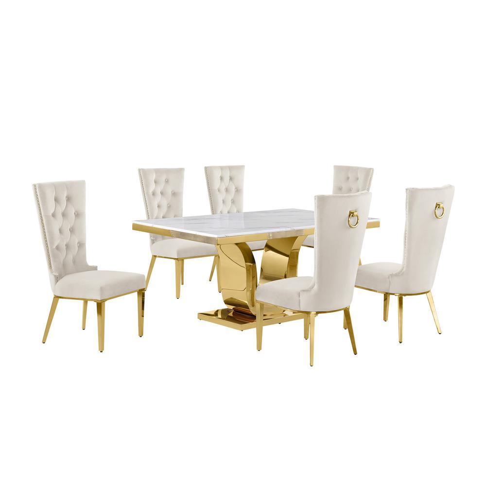 7pc Small(66") marble stop dining set with gold base and 6 Cream side chairs. Picture 1