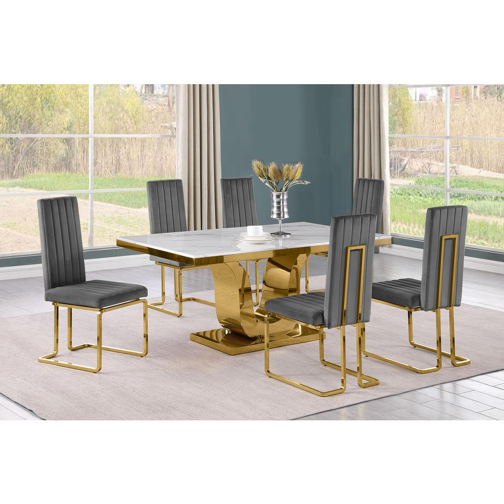 7pc Small(66") marble stop dining set with gold base and 6 Dark grey chairs. Picture 5
