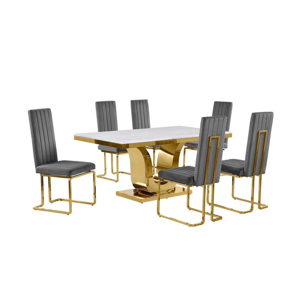 7pc Small(66") marble stop dining set with gold base and 6 Dark grey chairs. Picture 1