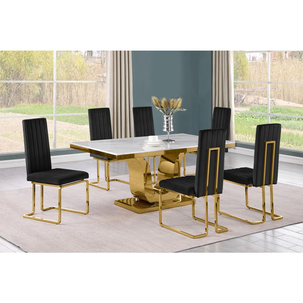 7pc Small(66") marble stop dining set with gold base and 6 Black side chairs. Picture 5