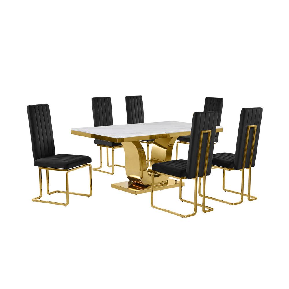 7pc Small(66") marble stop dining set with gold base and 6 Black side chairs. Picture 1