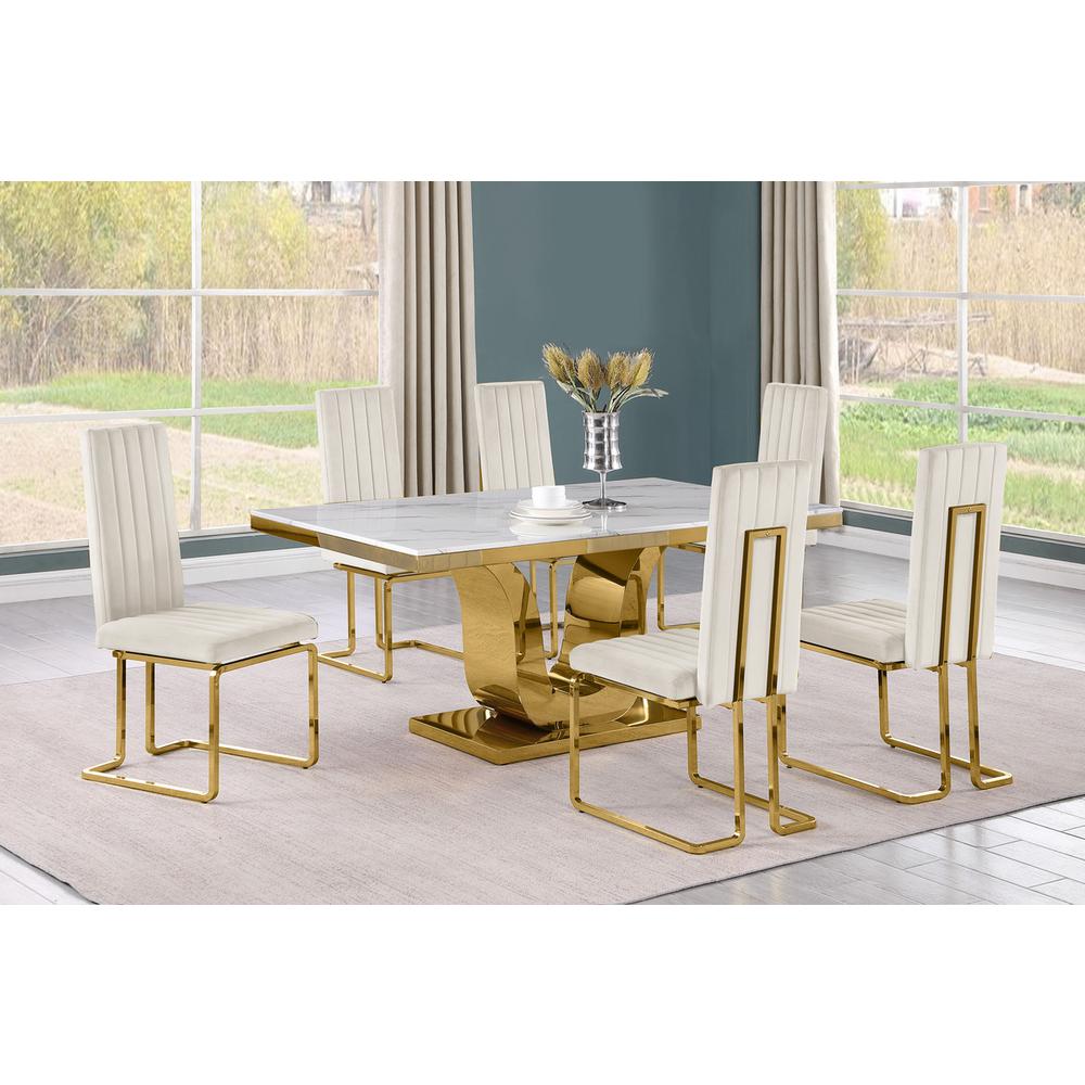 7pc Small(66") marble stop dining set with gold base and 6 Cream side chairs. Picture 5