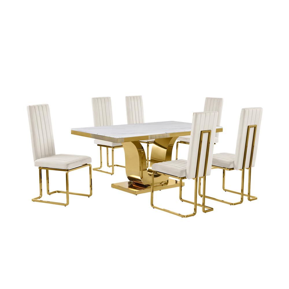 7pc Small(66") marble stop dining set with gold base and 6 Cream side chairs. Picture 1