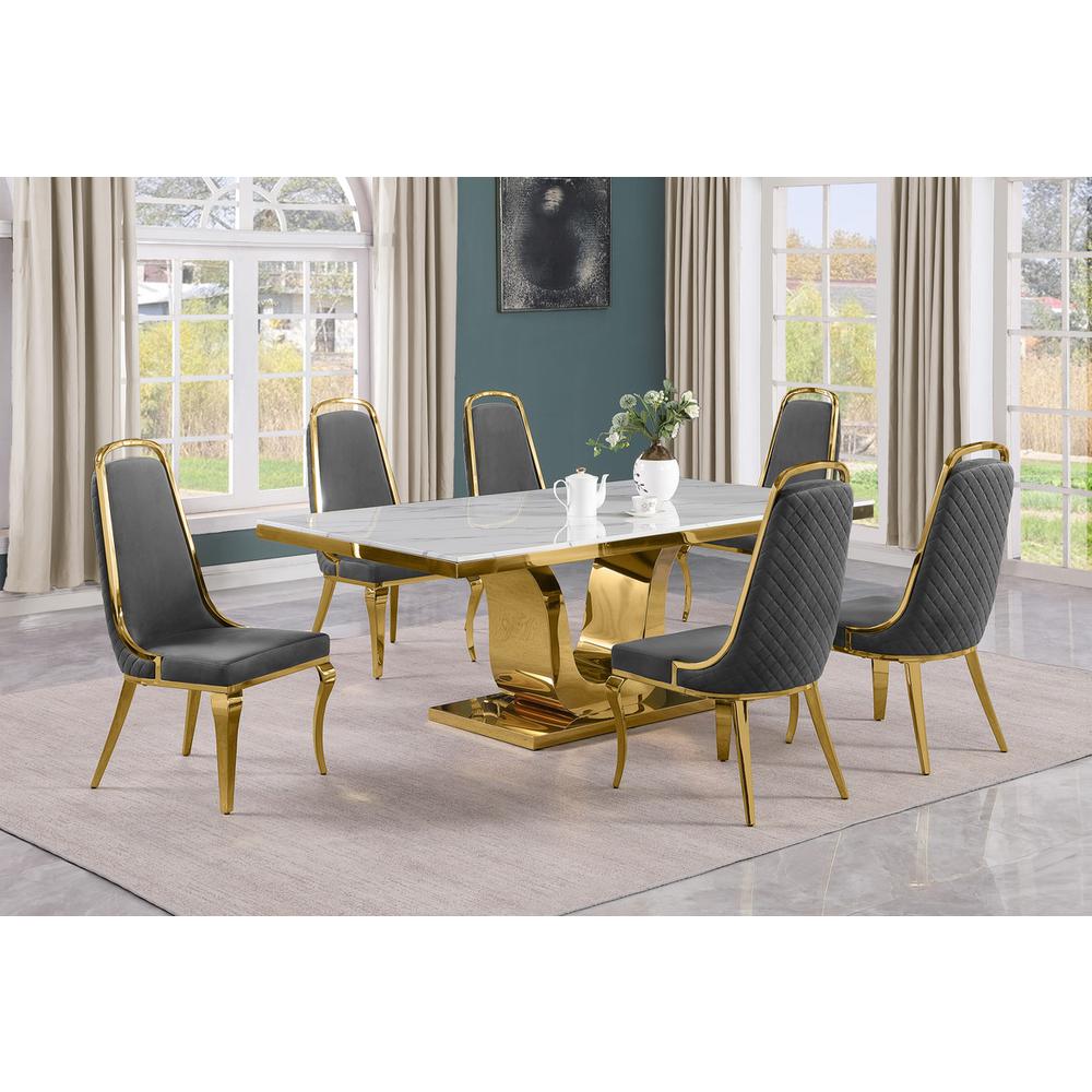 7pc Large(76") marble top dining set with gold base and 6 Dark grey side chairs. Picture 5