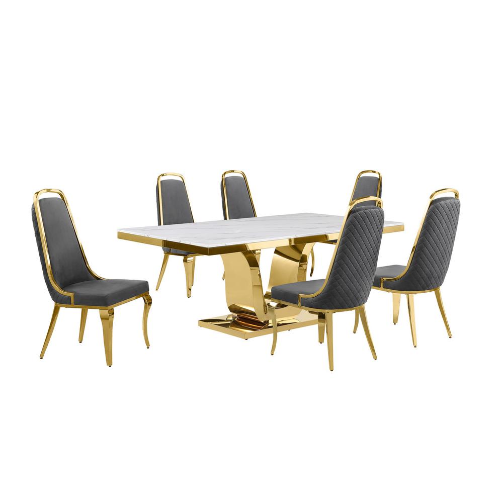 7pc Large(76") marble top dining set with gold base and 6 Dark grey side chairs. Picture 1