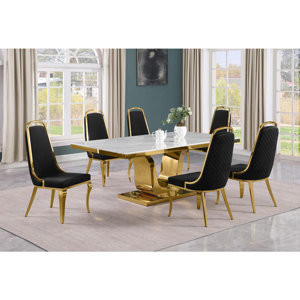 7pc Large(76") marble top dining set with gold base and 6 Black side chairs. Picture 5