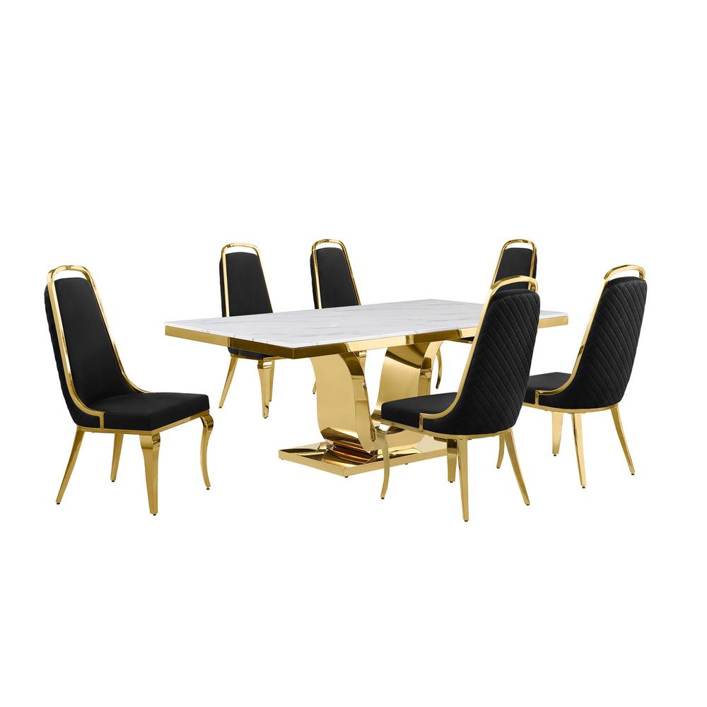 7pc Large(76") marble top dining set with gold base and 6 Black side chairs. Picture 1
