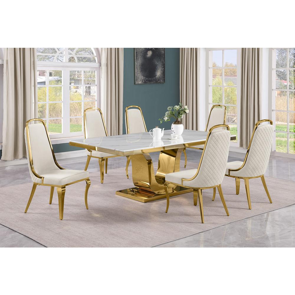 7pc Large(76") marble top dining set with gold base and 6 Cream side chairs. Picture 5