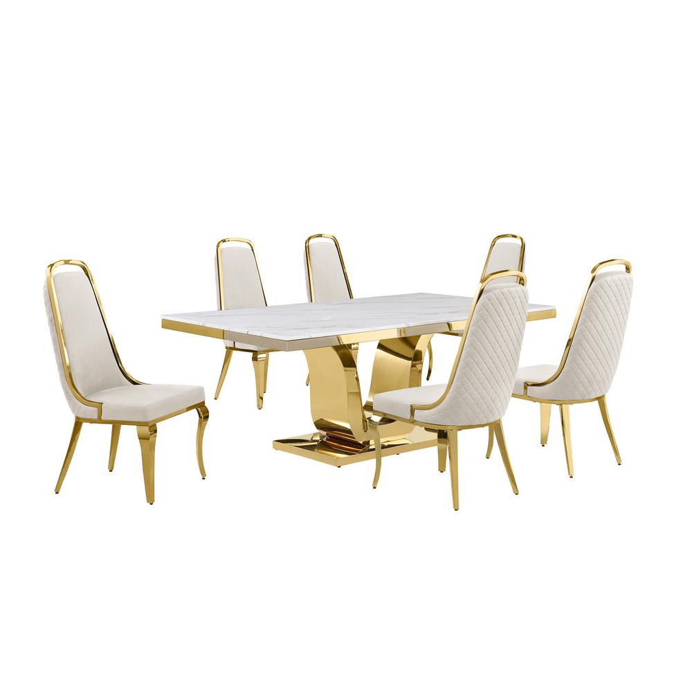 7pc Large(76") marble top dining set with gold base and 6 Cream side chairs. Picture 1