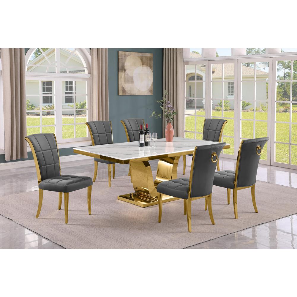 7pc Large(76") marble top dining set with gold base and 6 Dark grey side chairs. Picture 5