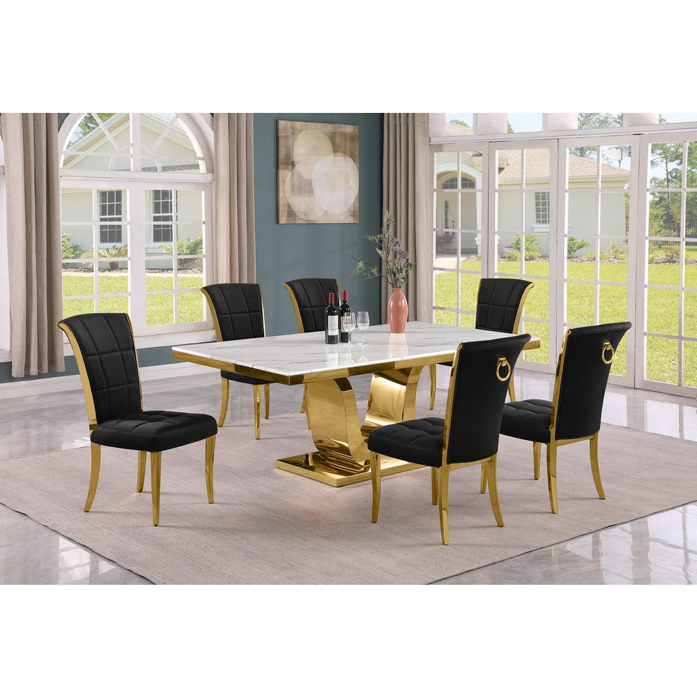 7pc Large(76") marble top dining set with gold base and 6 Black side chairs. Picture 5