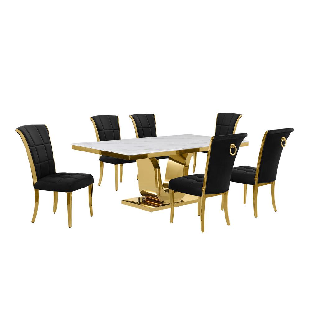7pc Large(76") marble top dining set with gold base and 6 Black side chairs. Picture 1