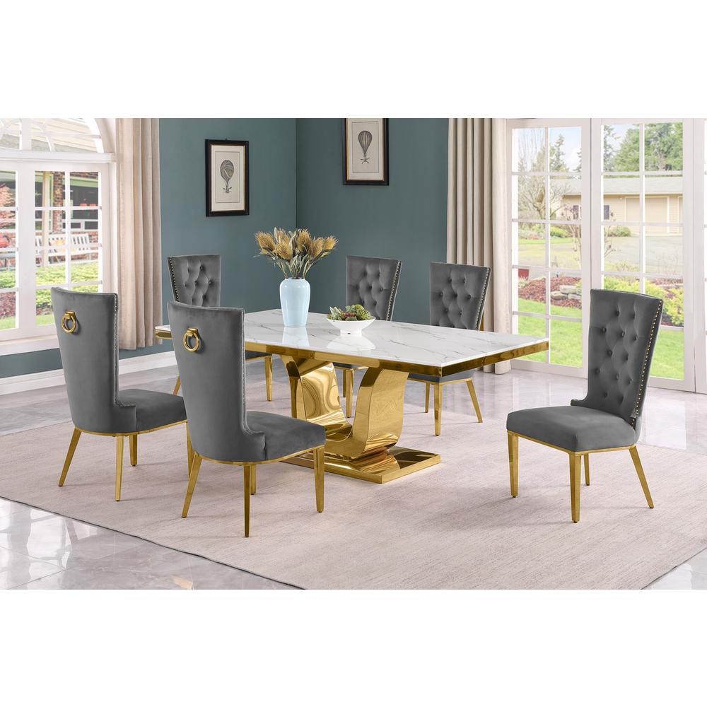 7pc Large(76") marble top dining set with gold base and 6 Dark grey side chairs. Picture 5