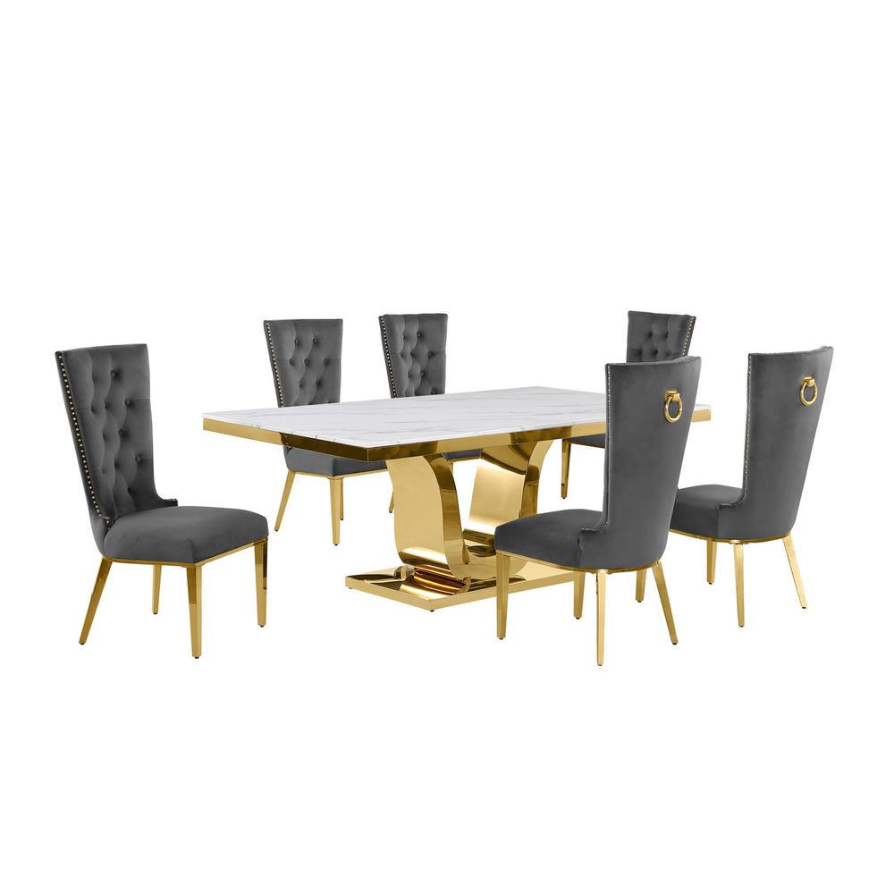 7pc Large(76") marble top dining set with gold base and 6 Dark grey side chairs. Picture 1