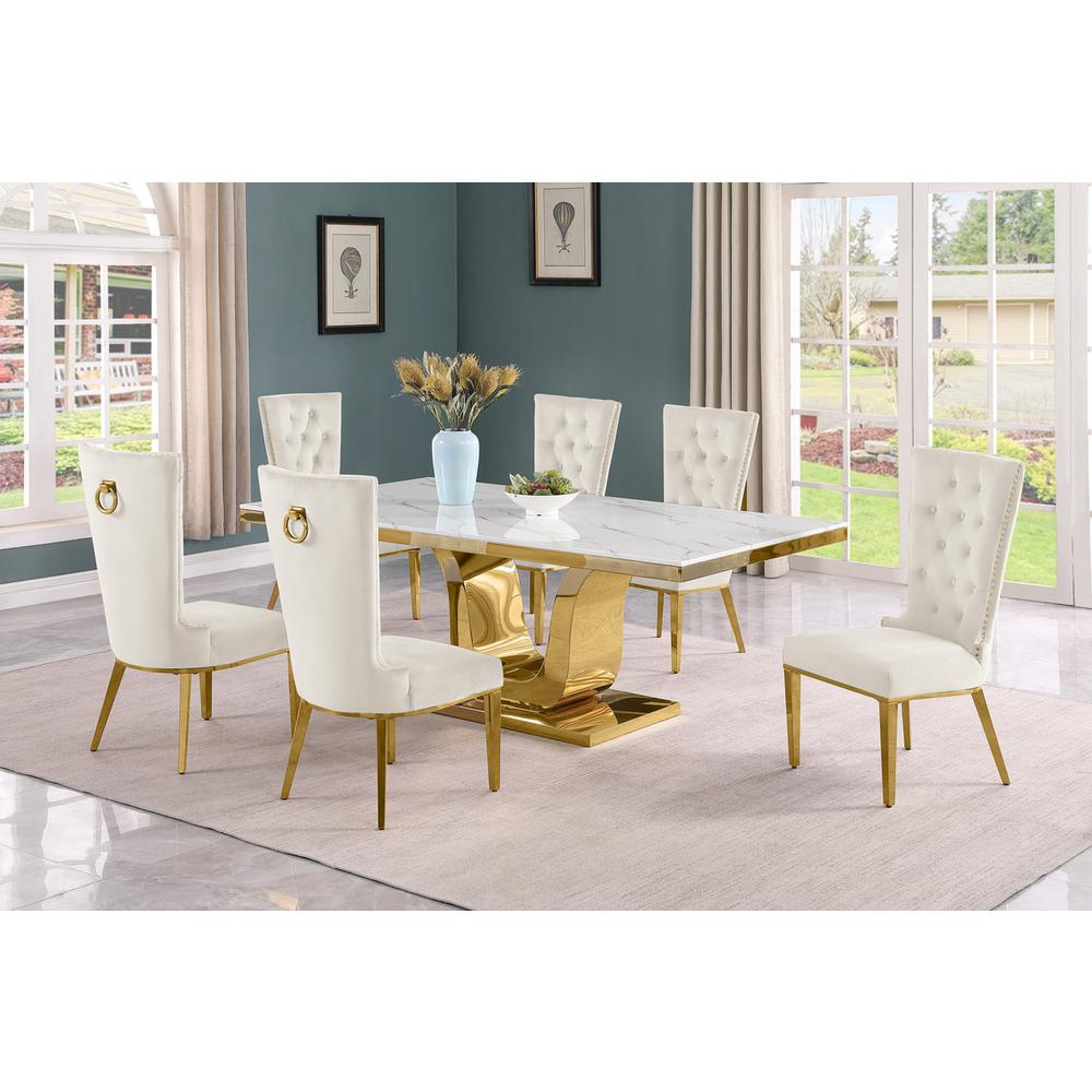7pc Large(76") marble top dining set with gold base and 6 Cream side chairs. Picture 5