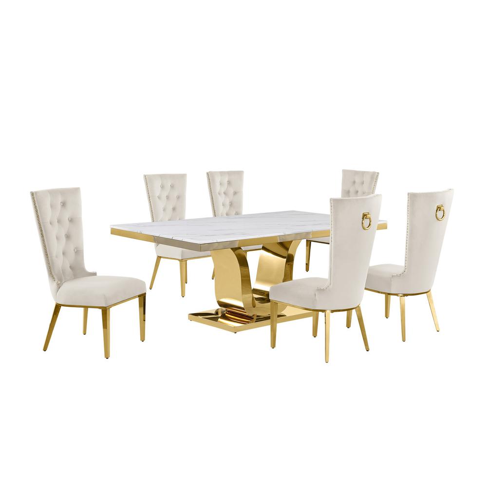 7pc Large(76") marble top dining set with gold base and 6 Cream side chairs. Picture 1