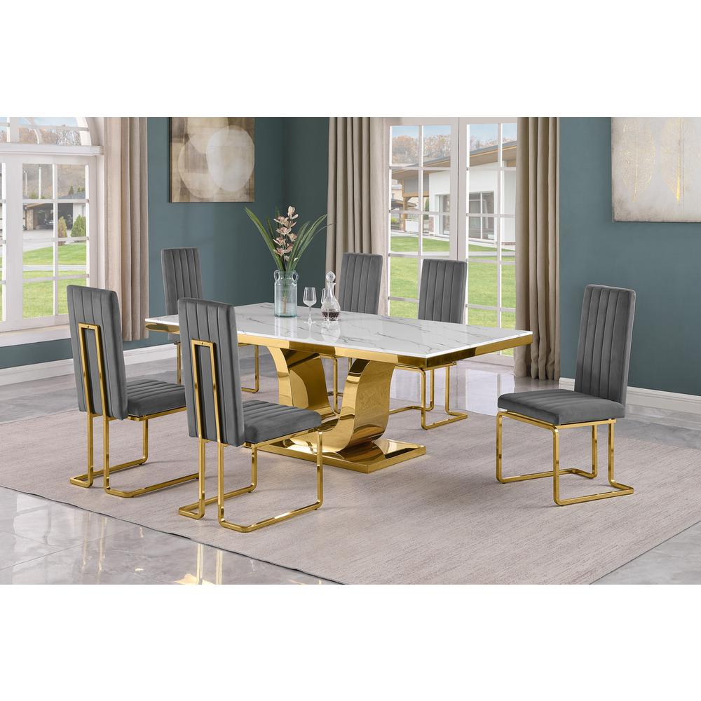 7pc Large(76") marble top dining set with gold base and 6 Dark grey side chairs. Picture 5