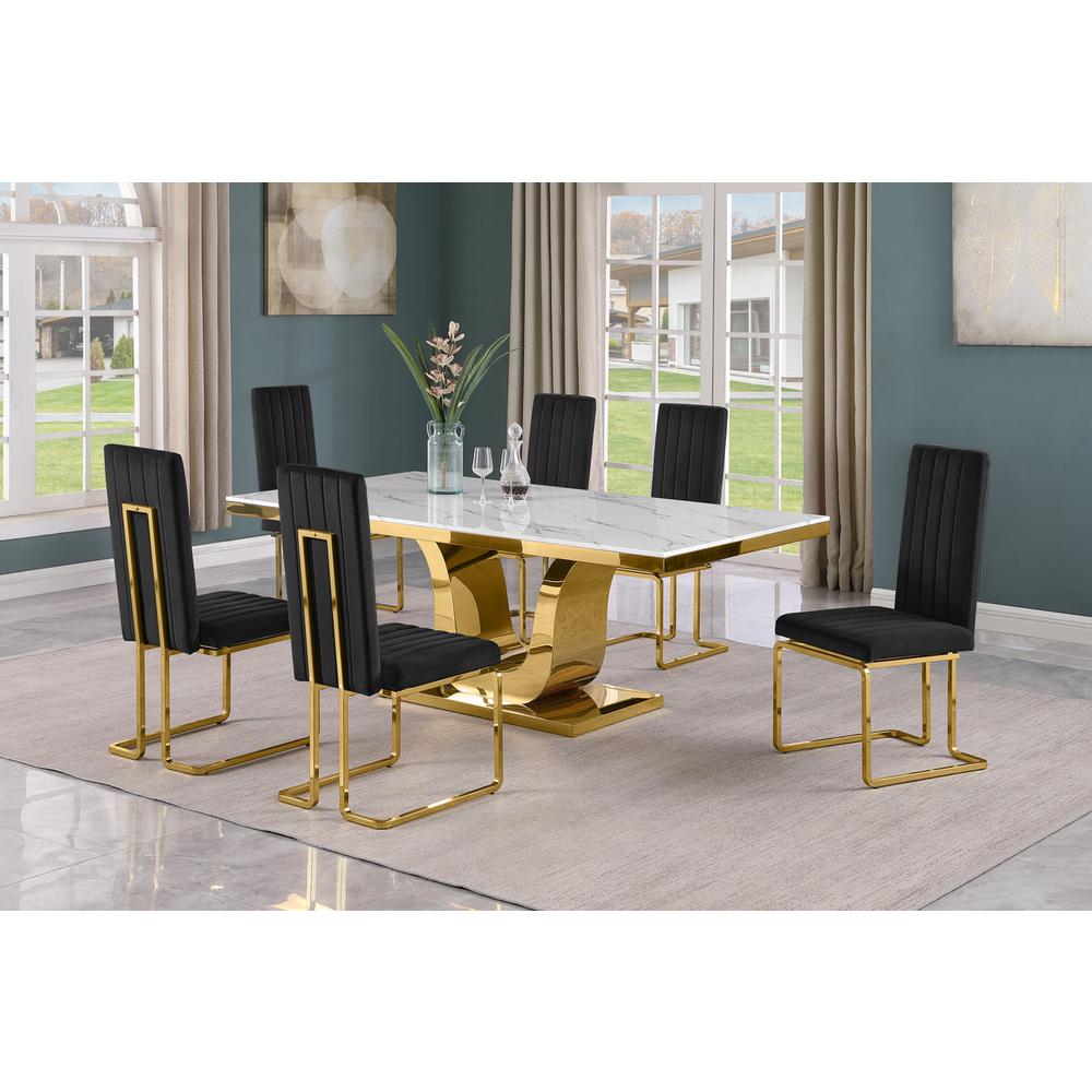 7pc Large(76") marble top dining set with gold base and 6 Black side chairs. Picture 5