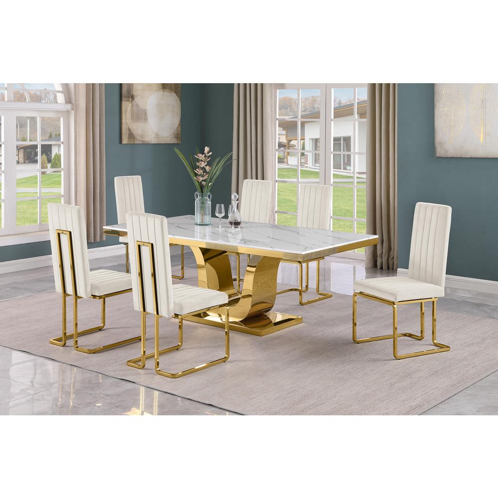 7pc Large(76") marble top dining set with gold base and 6 Cream side chairs. Picture 5