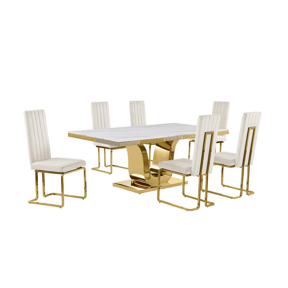 7pc Large(76") marble top dining set with gold base and 6 Cream side chairs. Picture 1