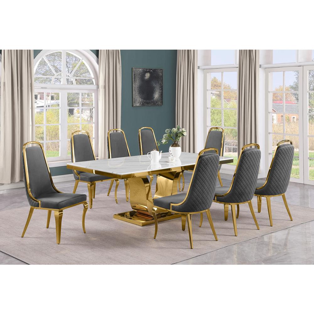 9pc Large(78") marble top dining set with gold base and 8 Dark grey side chairs. Picture 5
