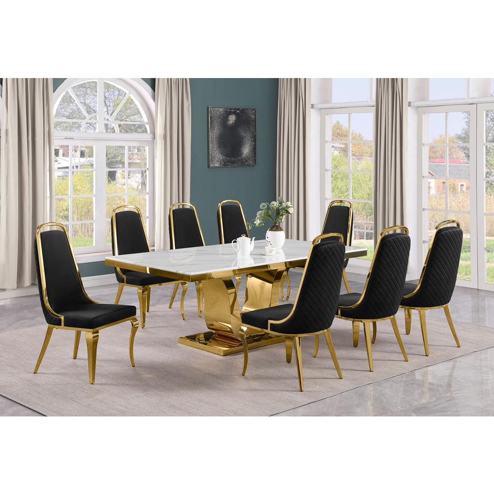 9pc Large(78") marble top dining set with gold base and 8 Black side chairs. Picture 5